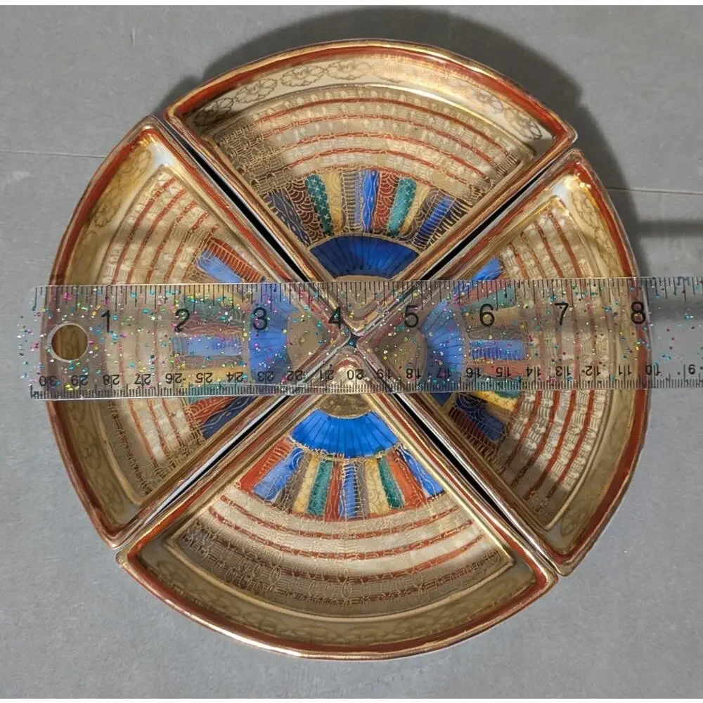 Vintage Japan Thousand Faces Fan Dishes Porcelain Quadrant Serving Set Bento